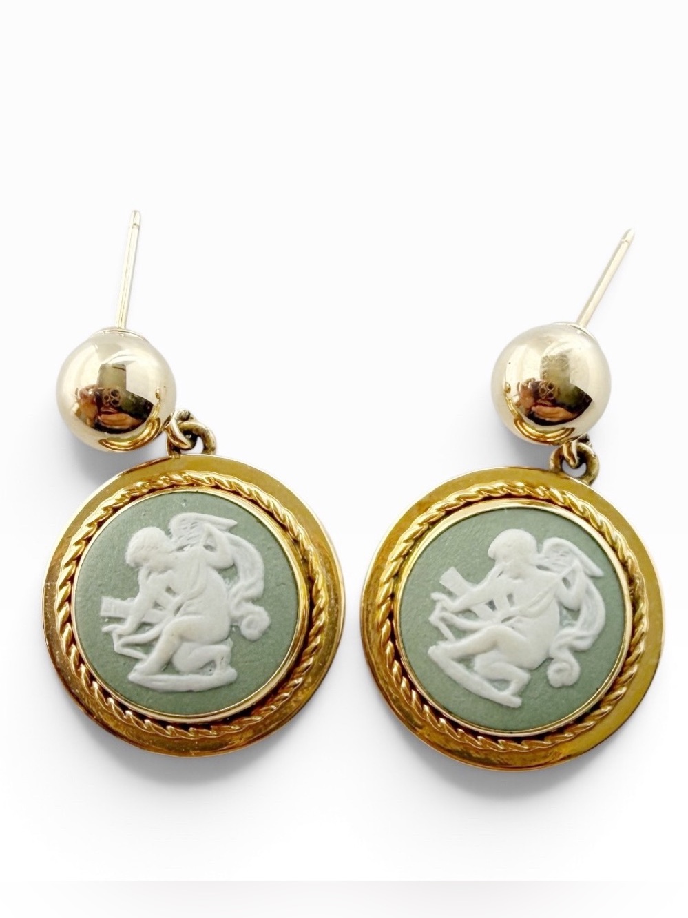 Vintage Wedgwood Green Jasperware Cupid 14K Gold Ball Stud Post Dangle Earrings
